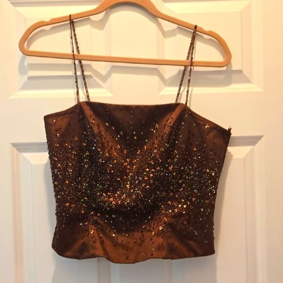Vintage 90’s Top XS Brown Sequin Embellished Sleeveless Square Neck Beaded Y2K - Picture 1 of 10